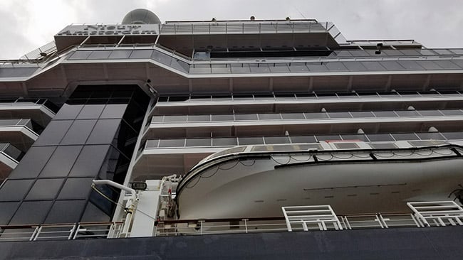 Looking up at HAL Niuew Amsterdam from the tender to Half Moon Cay